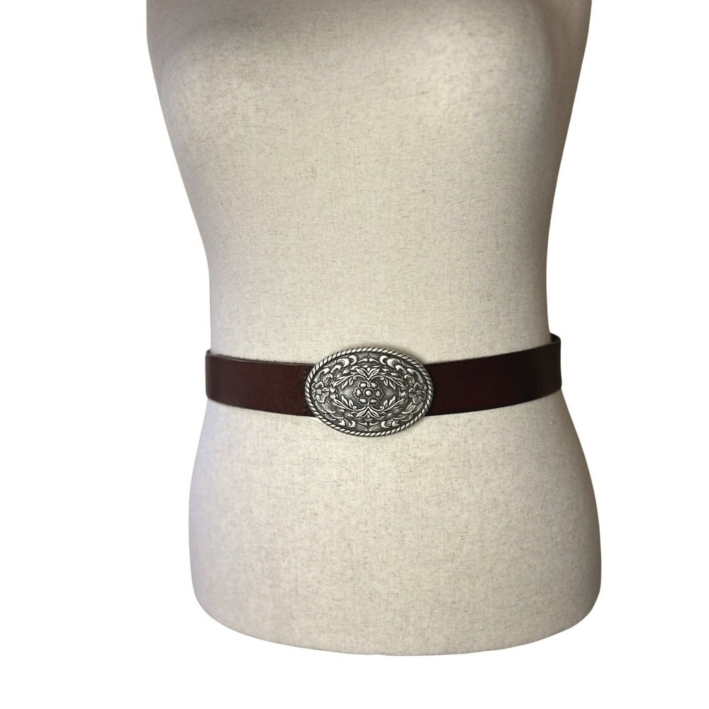 Vtg EDDIE BAUER Pewter Floral Filigree Buckle Leather Belt Western Bloom L/XL